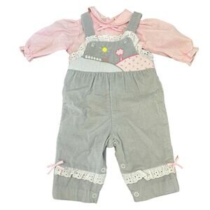 VTG 80's Grey Corduroy Lace and Patch Overalls with Pink Button up Blouse 3-6 mo